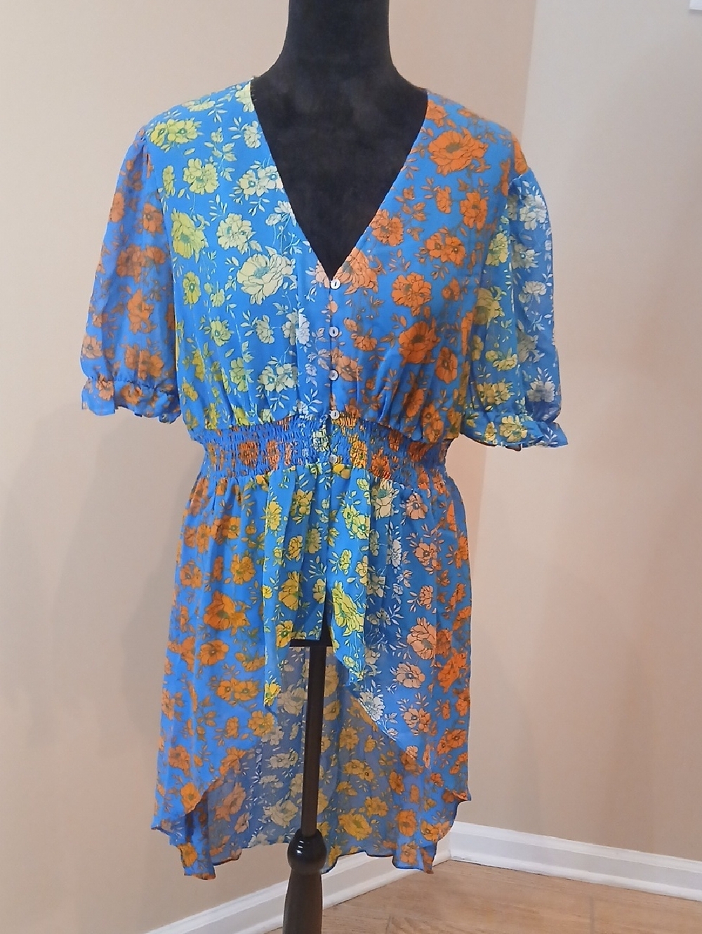 Blue Floral Button-Front Smocked Waist Dress